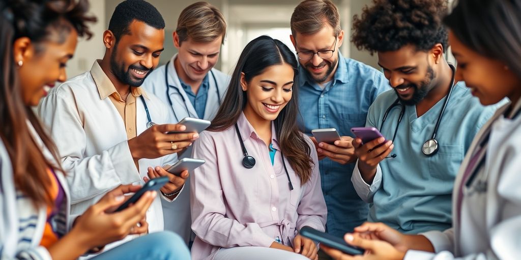 Diverse individuals engaging with technology in healthcare.