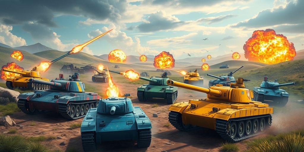 Colorful tanks in battle on a dynamic landscape.