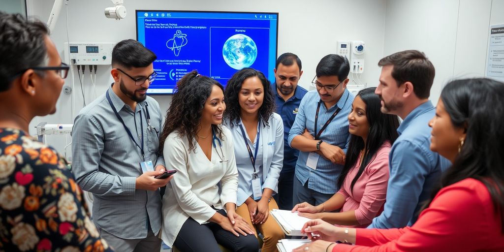 Diverse individuals in a health consultation with technology.