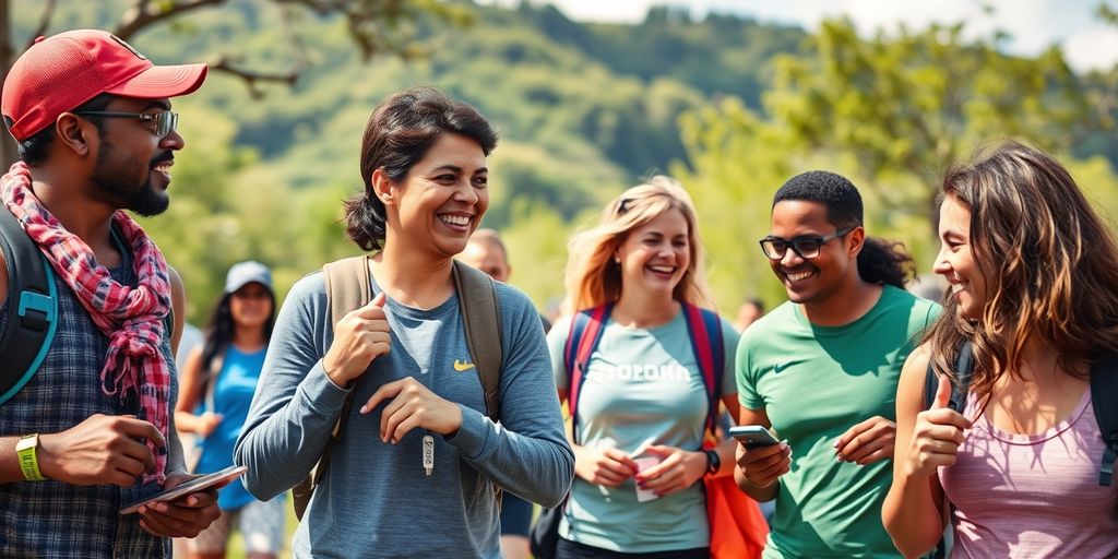 Diverse group enjoying outdoor activities with wearable technology.